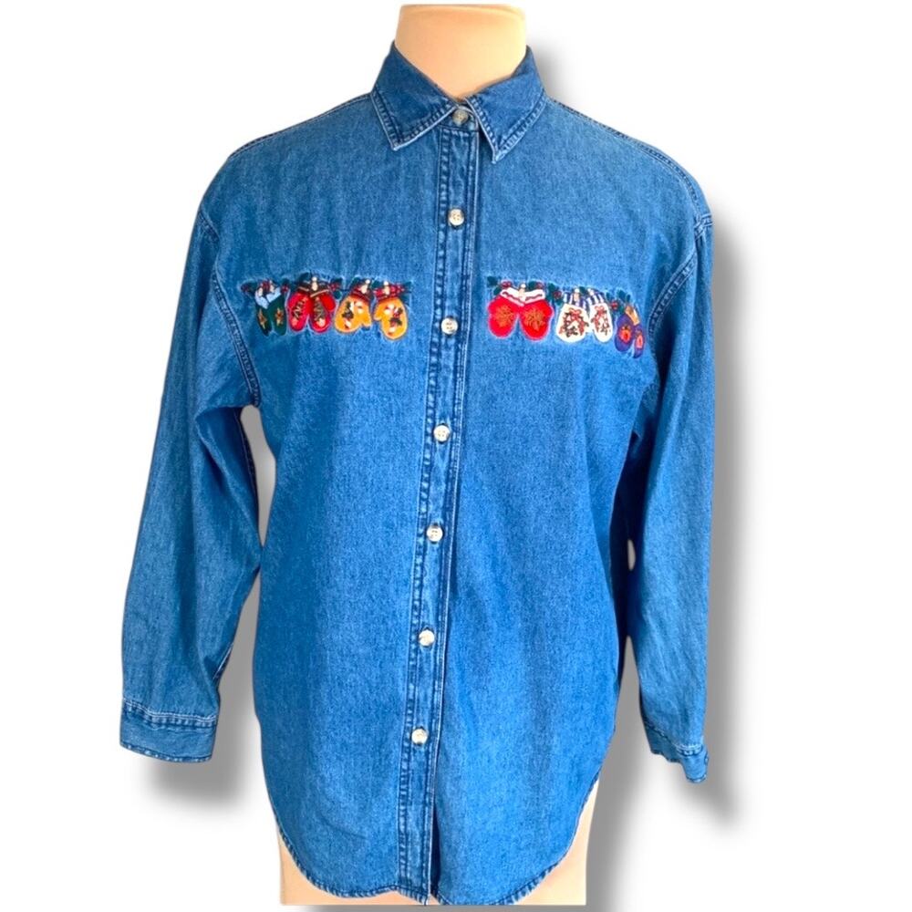 Vintage 90s Denim Chambray Christmas Shirt Embroidered Mittens Medium Holiday